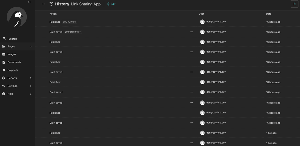 Wagtail page history view